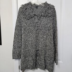 Rafaella Sweater Women's Lg Black White Full Zip Fringe Collar Long Sleeve VGUC